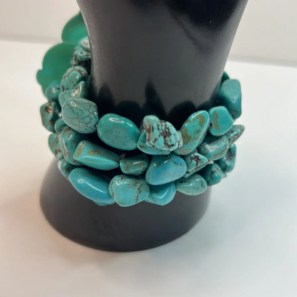 Hand Beaded Turquoise 3-Strand Floral Bracelet